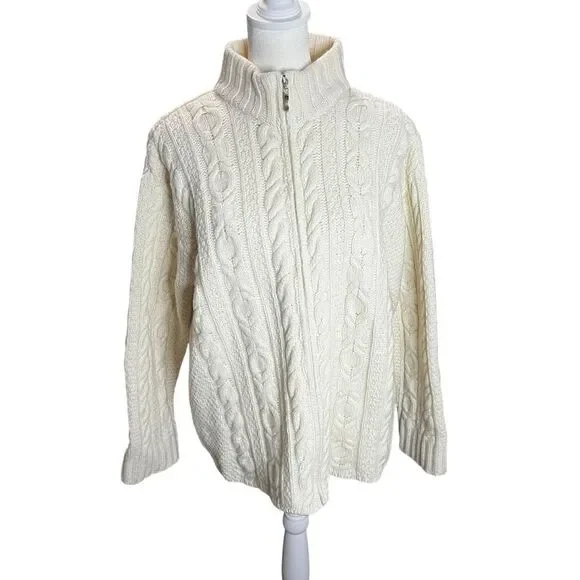 Inis Crafts Ireland Merino Wool Fisherman Cable Knit Zip Sweater Cream Small - Picture 2 of 7